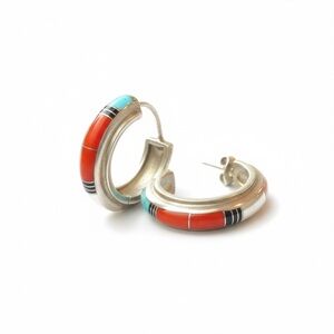 Zuni Sterling Silver Post Coral Turquoise Inlay Hoop Earrings